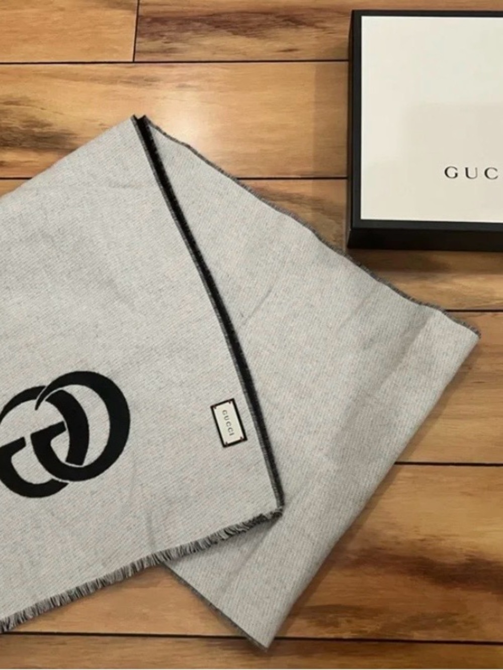 Gucci Light Gray Scarf with Black Logo Accent